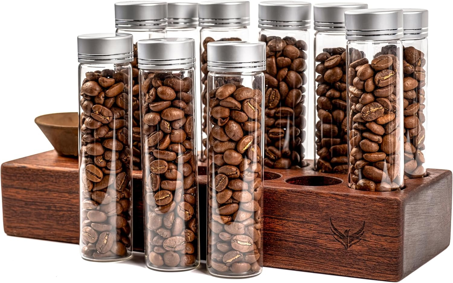 Single Dose Coffee Bean Storage Tubes KNODOS Coffee Bean Cellar 10 Pcs Dosing Glass Vials With Lids (2 Oz) Wooden Display Stand And Funnel | Amazon (US)