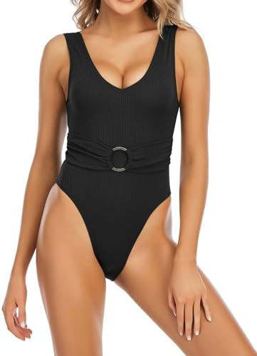 Vogueric Womens One Piece Swimsuit Ribbed O-Ring Belted U-Back Swimwear High Cut Cheeky Bathing S... | Amazon (US)