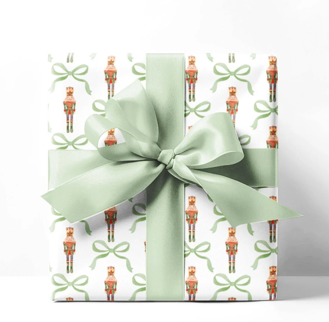 Nutcracker Trellis Bow Wrapping Paper, Green Christmas Holiday Girly Preppy Gift Wrap - Etsy | Etsy (US)