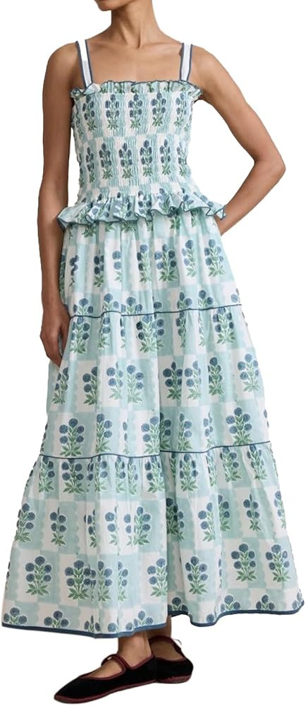 Women Floral Maxi Dress Sleeveless Smocked Ruffle Flowy Boho Sundress with Pockets Summer Vacatio... | Amazon (US)