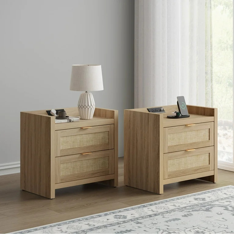 Sanspredet Rattan Nightstand Set of 2 with Charging Station, Boho Modern Bedside Tables with 2 Dr... | Walmart (US)