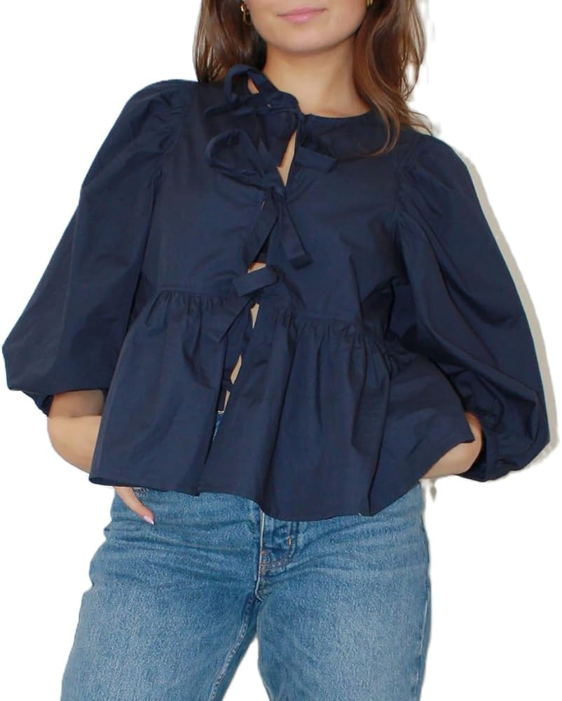 Y2K Women Puff Short Sleeve Peplum Shirt Front Tie Tops Ruffle Hem Blouses Tops Cute Babydoll Top... | Amazon (US)