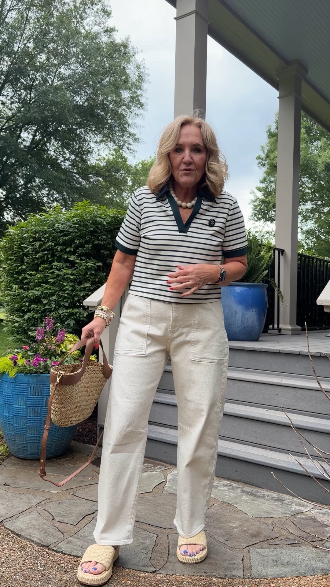 Super cute cropped polo shirt. It’s an evergreen and  cream. Wearing a medium. The shirts run small I got a medium and they were snug so size up. Would make a cute coverup. 
Jeans size 29 loose fitting utility subtle barrel. 
15% off code NANETTE15 at Avara