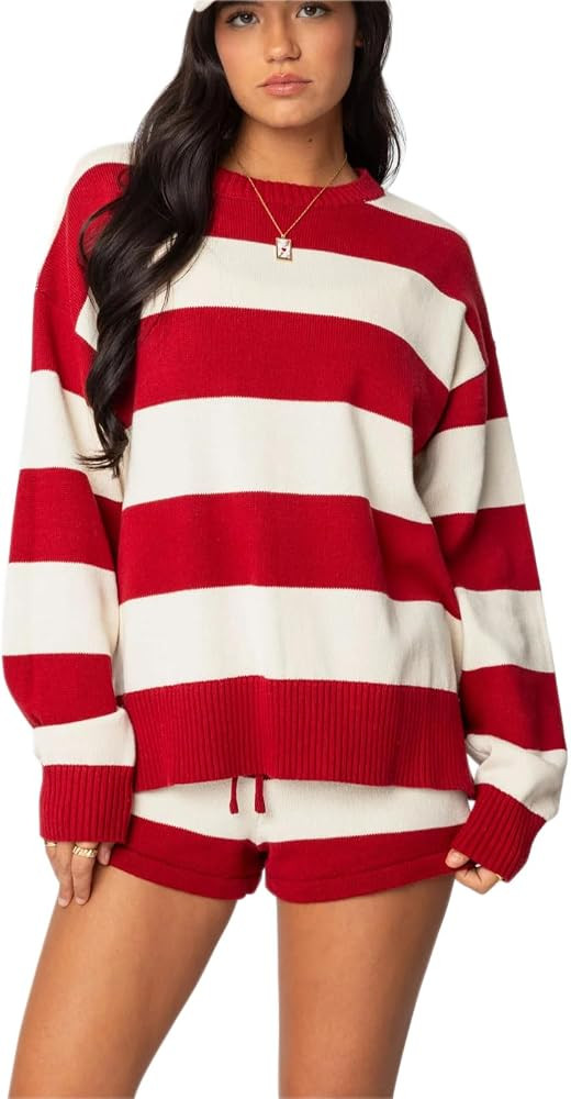 LANBAILAN Women Striped Oversized Lounge Sets 2 Piece Long Sleeve Knit Sweater Top Mini Shorts Co... | Amazon (US)
