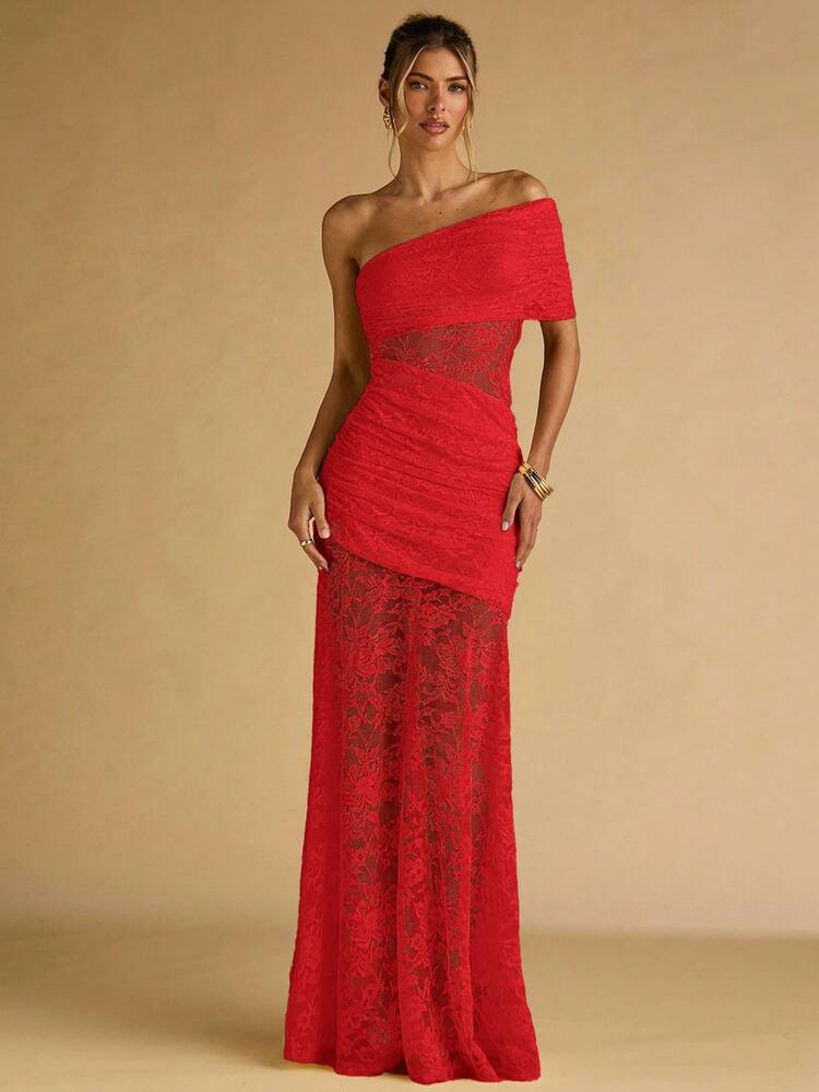 SHEIN BAE Women's Solid Color Lace Patchwork Asymmetric Neckline Dress,Dresses For Women Party | SHEIN