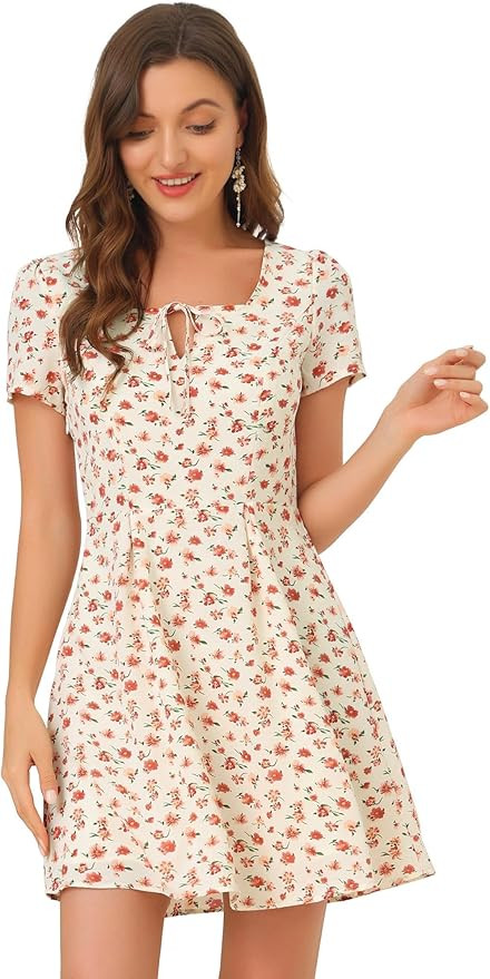Allegra K Women's Printed Dress Summer 2025 Casual Square Neck Short Sleeve Fit and Flare Dresses | Amazon (US)
