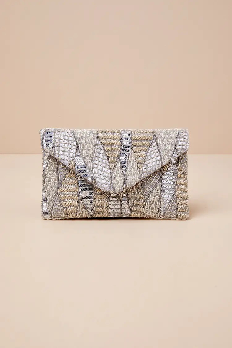 Composed Glow Silver Beaded Sequin Faux Suede Clutch | Lulus