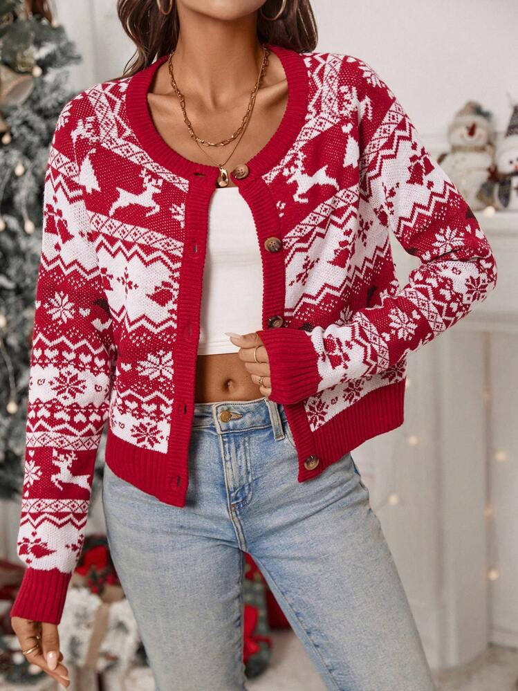 TrendsSHEIN Clasi Women Elegant Christmas Crew Neck Cardigan Sweater,Christmas Pattern,Elk Snowfl... | SHEIN