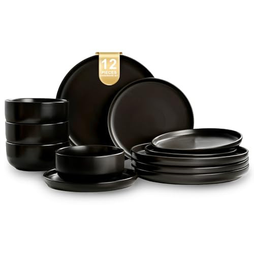 EWFEN Plates and Bowls Sets, Dinnerware Sets for 4, 12 Pieces Scratch Resistant Dishware Dishes Set, Ceramic Kitchen Dinner Set, Porcelain & Microwave and Dishwasher Safe, Black | Amazon (US)