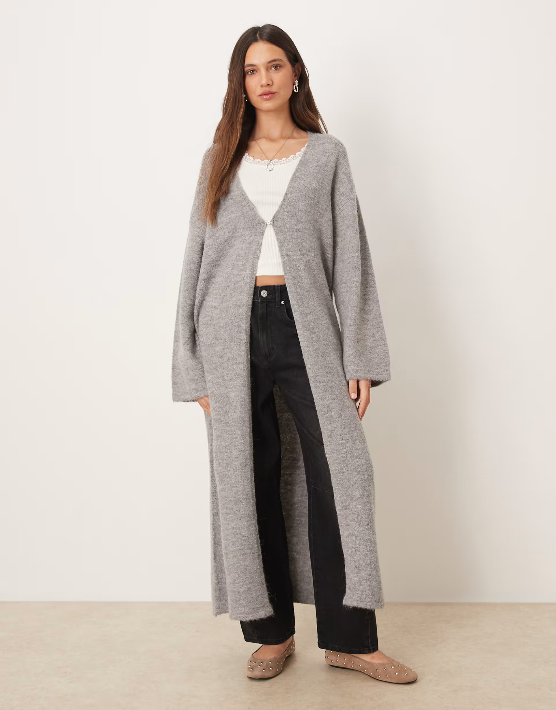 Gina Tricot long knitted wool alpaca cardigan in mid grey melange | ASOS (Global)