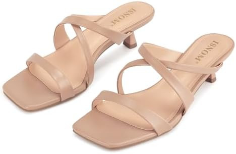 ISNOM Nude Strappy Heels for Women Nude Kitten Heeled Sandals Slip On Square Toe Open Toe Heels | Amazon (US)