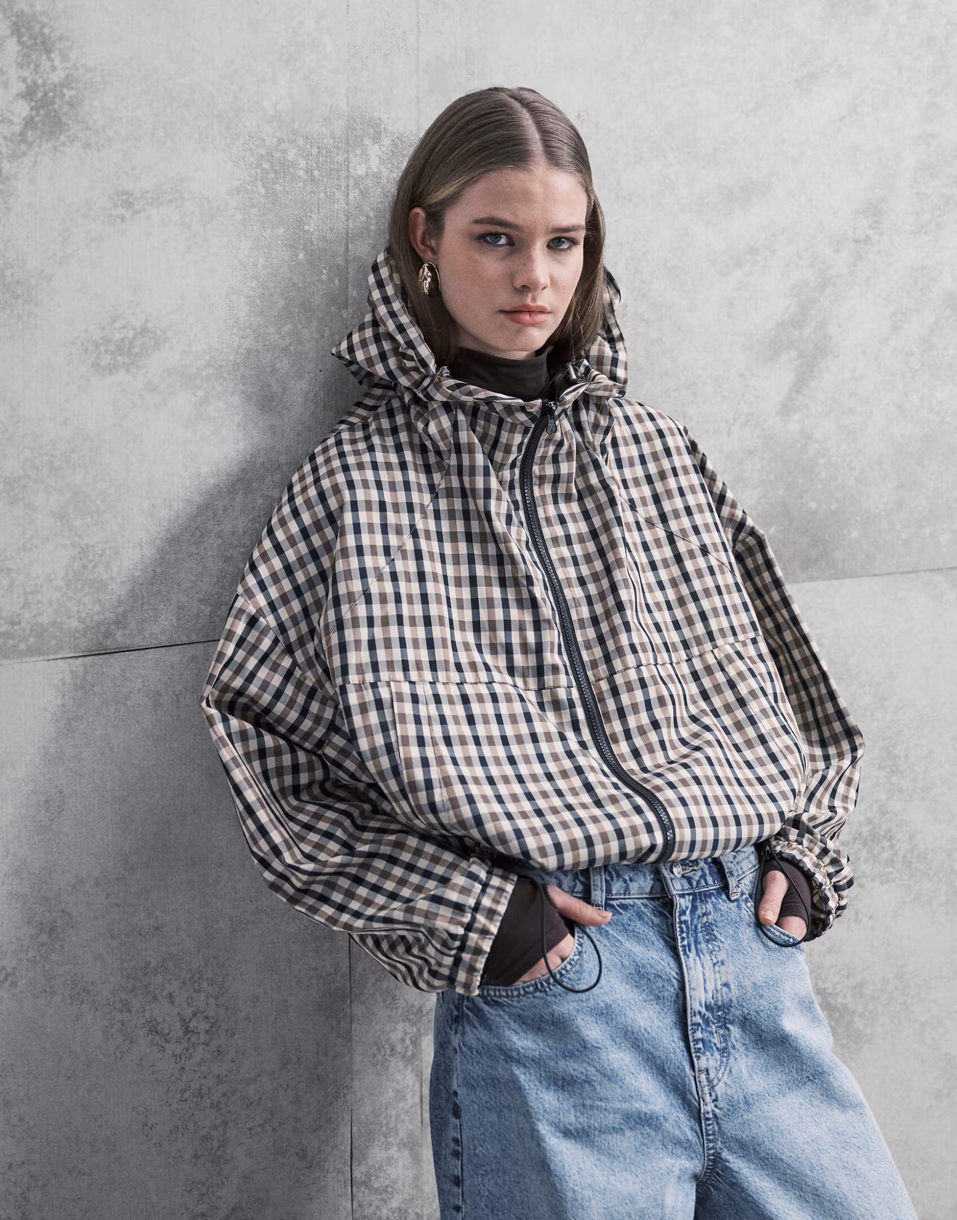 ASOS DESIGN hooded bubble hem bomber jacket in stone multi check | ASOS (Global)