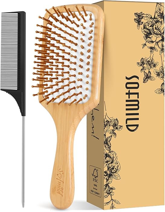 Hair Brush-Natural Wooden Bamboo Brush and Detangle Tail Comb, Paddle Hairbrush for Women Men and... | Amazon (US)