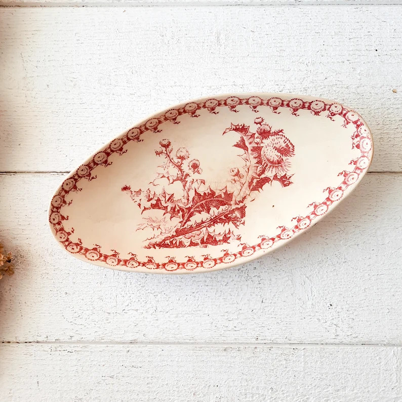 Large Ironstone Red Transferware Serving Platter GIEN Chardons, Thistle, French Antique Oval Bowl... | Etsy (US)