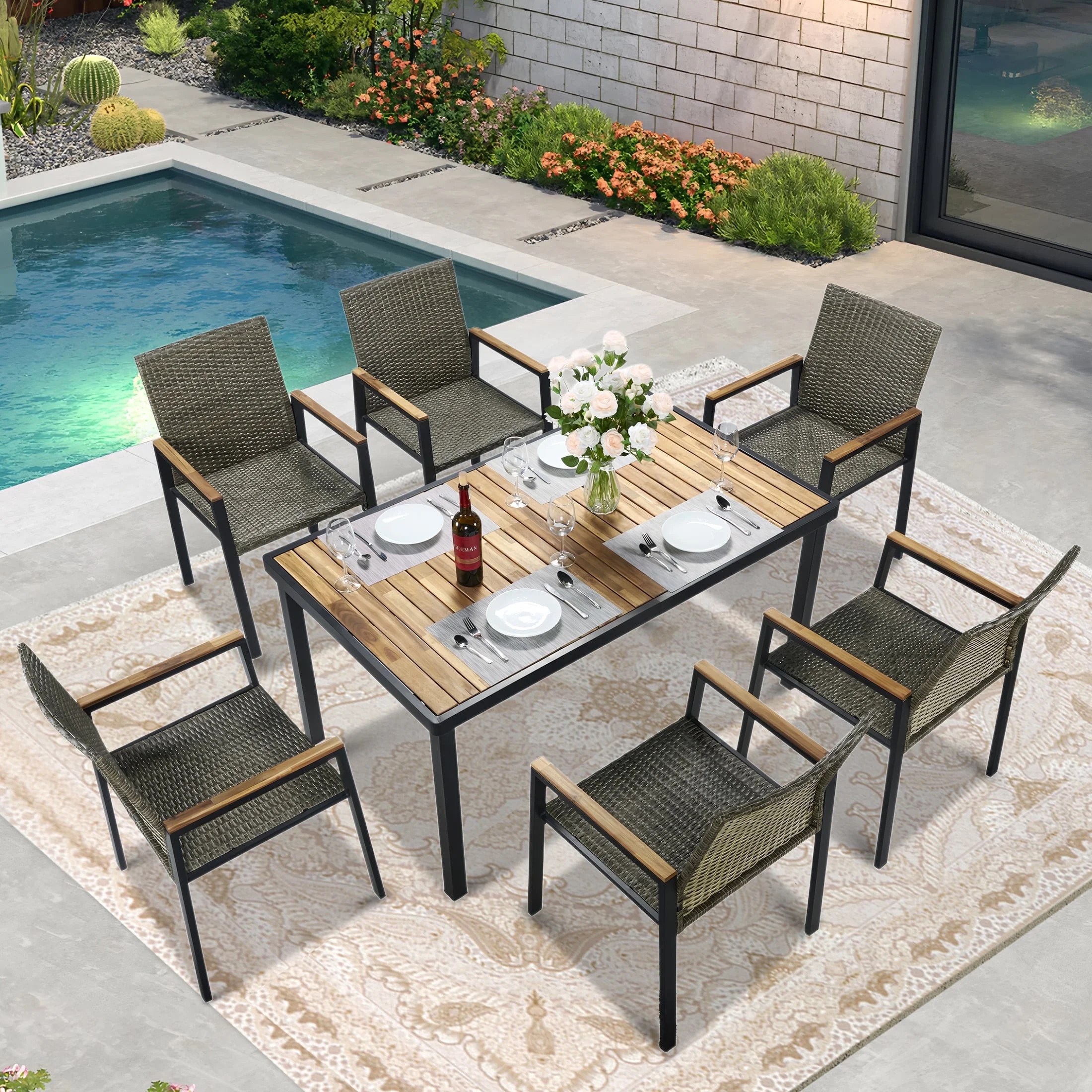 Seizeen 7-Piece Outdoor Table and Chairs, Patio Table Set with 6 Rattan Chairs, All-weather Outdo... | Walmart (US)