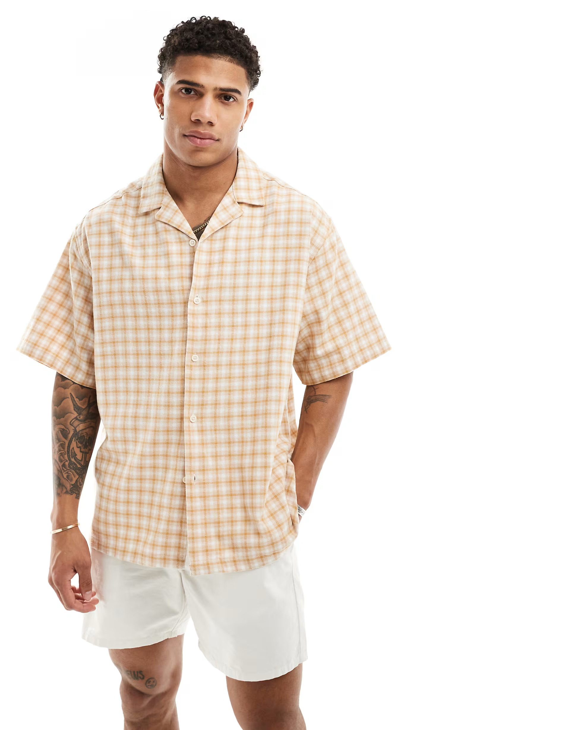 ASOS DESIGN oversized revere shirt in stone dad check | ASOS (Global)