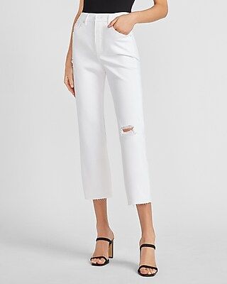 Super High Waisted White Ripped Raw Hem Straight Jeans | Express