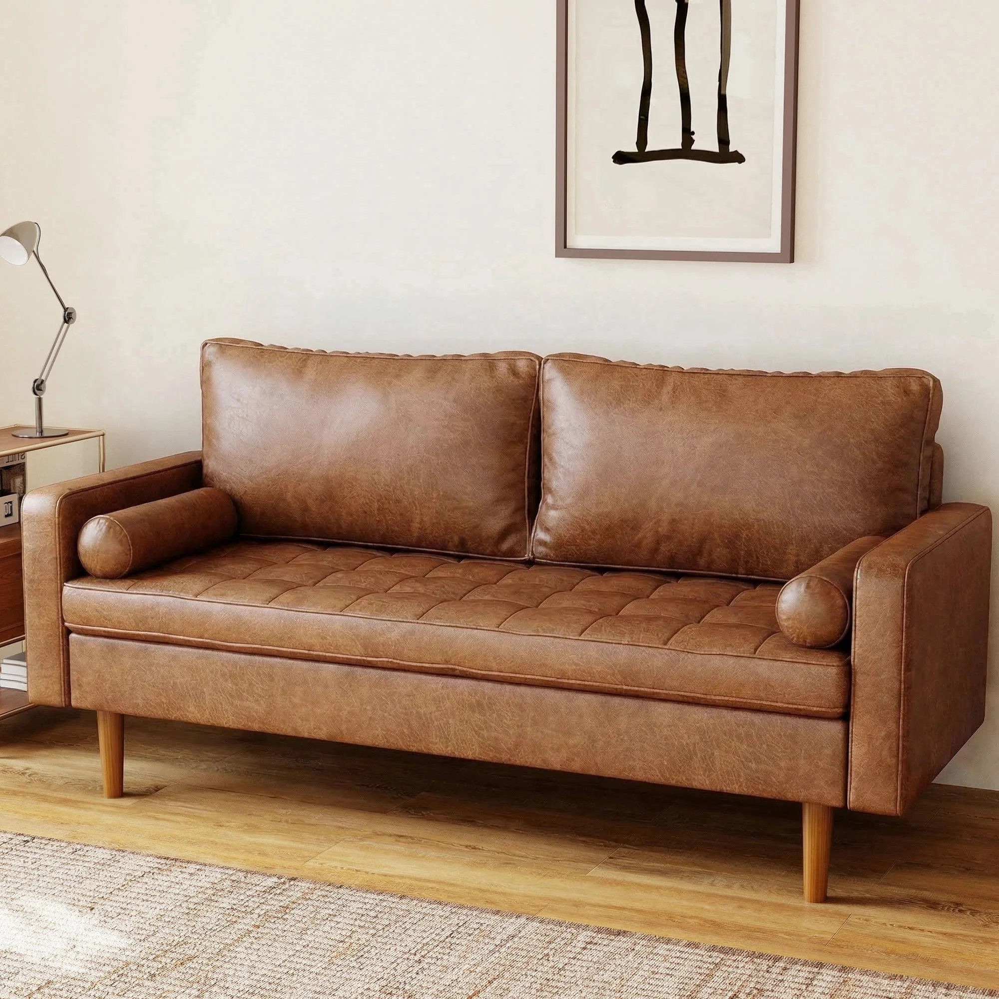 Koby Home 70" Loveseat Sofa with Wood Frame, Mid Century Modern Couch 2 Seater, Faux Leather Love Seat for Small Spaces Brown | Walmart (US)