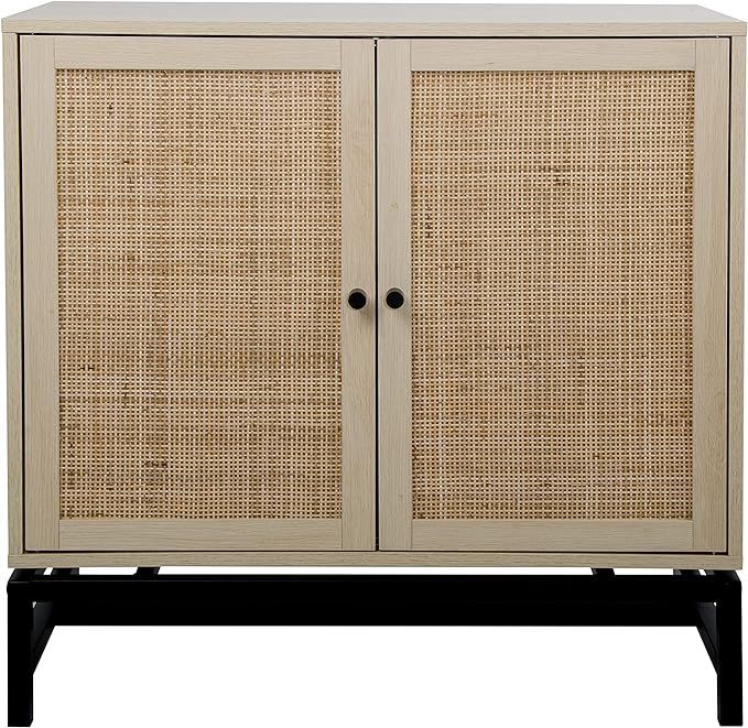 Natural 2 Door Cabinet with Rattan Elements Storage Cabinet 2-Tier Storage Shelf Enclosed Storage... | Amazon (US)