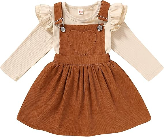 Toddler Baby Girl Fall Outfit Long Sleeve Stripe T-Shirt and Strap Dress Overall with One Pocket ... | Amazon (US)