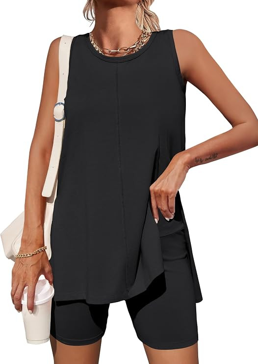 Esobo Women's Summer 2 Piece Outfits Sleeveless High Low Spilt Hem Tank Top Biker Shorts Sets Lou... | Amazon (US)