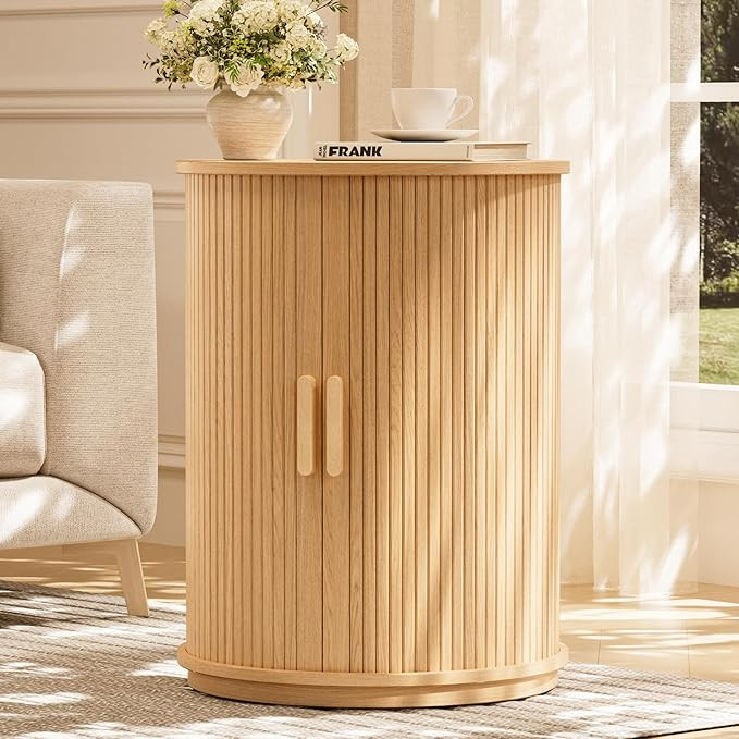 Side Table with Storage for Living Room, Round End Table with Sliding Tambour Door, Wood Night St... | Amazon (US)