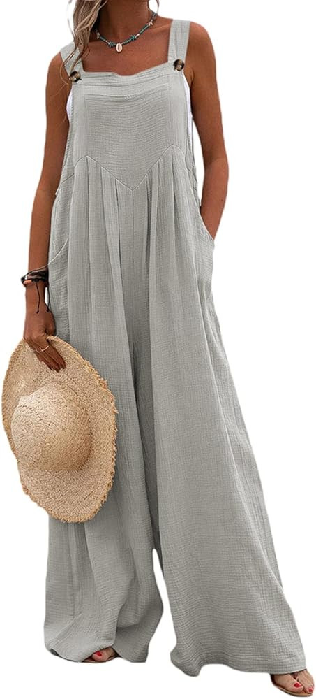 Wide Leg Overalls for Women Sleeveless Jumpsuits Suspender Overalls Loose Comfy Baggy Button Romp... | Amazon (US)