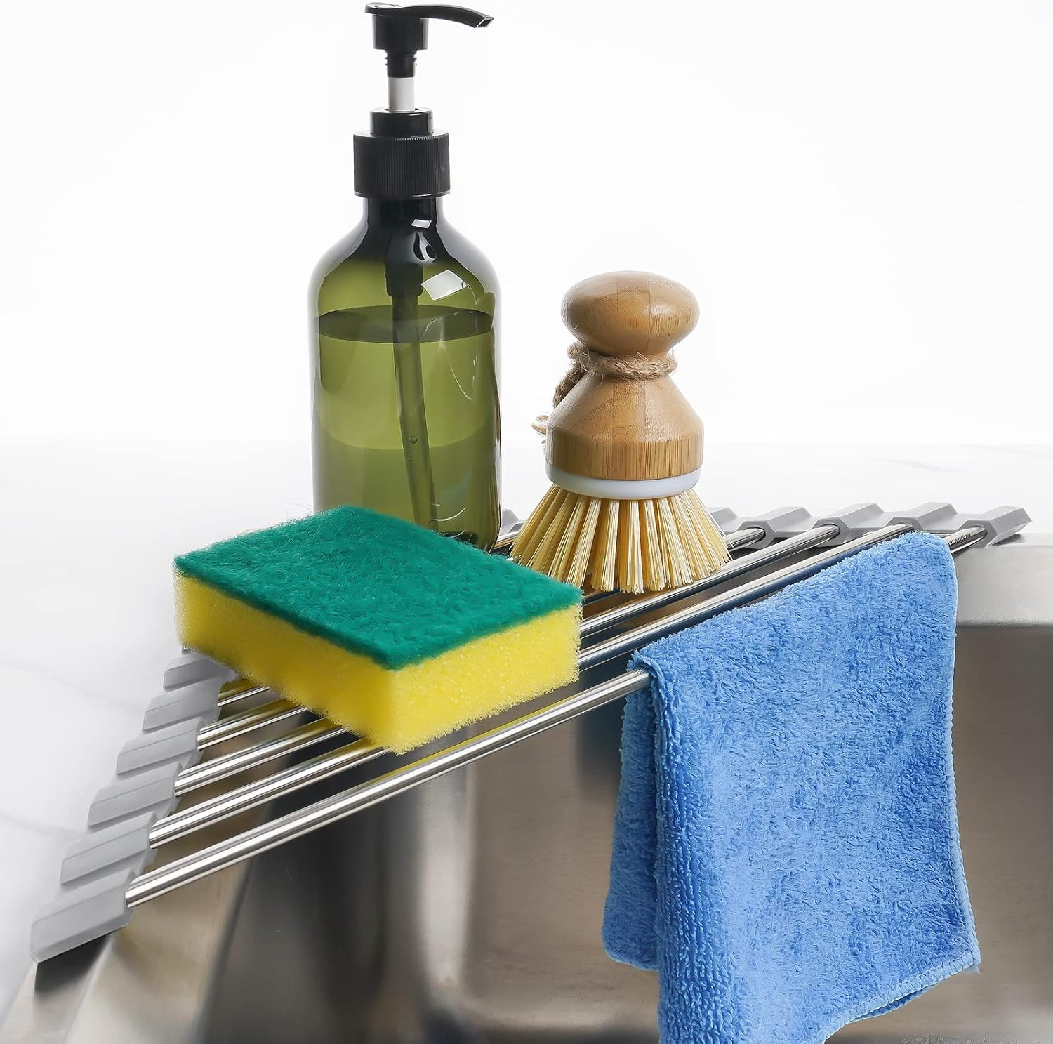 Tomorotec Triangle Roll-Up Dish Drying Rack for Sink Corner Small Foldable Stainless Steel Over The Sink Multipurpose Kitchen Drainer Caddy Organizer Storage Space Saver Shelf Holder (Gray) | Amazon (US)