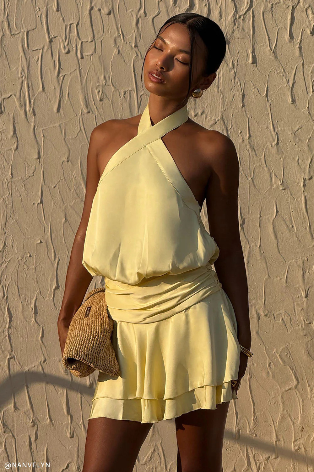 Poppy Satin Halter Mini Dress - Lemon | Meshki UK