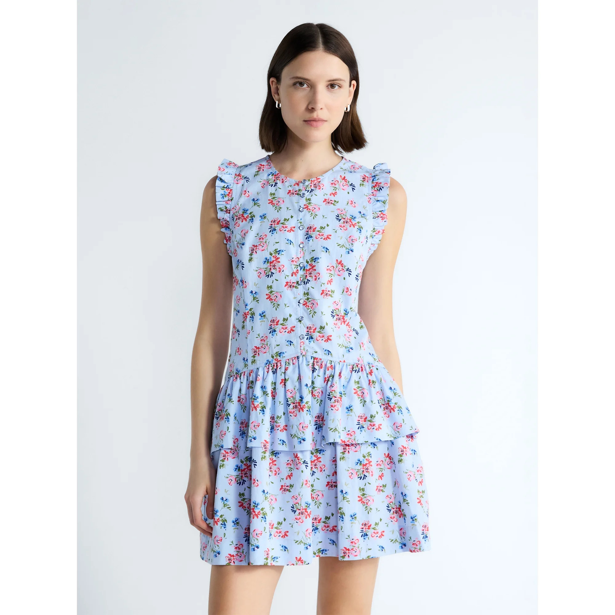 Free Assembly Women's Button Front Cotton Mini Dress with Flutter Sleeves, Sizes XS-XXL | Walmart (US)