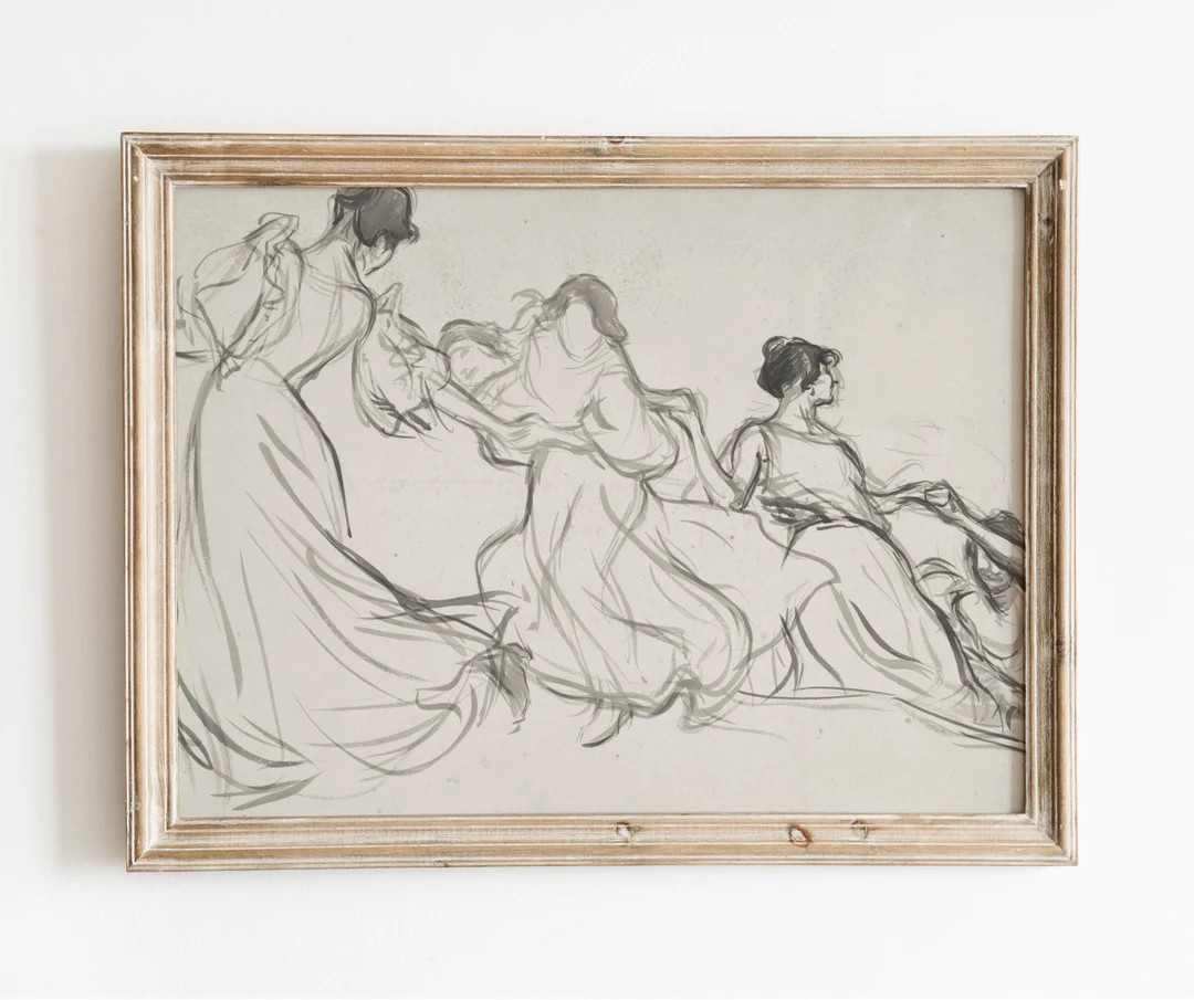 Women Sketch | Vintage Black and White Watercolor | Line Drawing | Ladies Dancing Dresses Art | P... | Etsy (US)