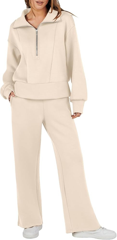 ANRABESS Womens Two Piece Outfits 2023 Fall Sweatsuit Set Half Zip Cropped Sweatshirt Wide Leg Sw... | Amazon (US)