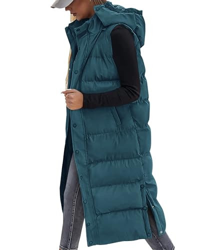 BTFBM Long Puffer Vest Women Quilted Winter Coats With Hood,Grey Blue,XXL | Amazon (US)