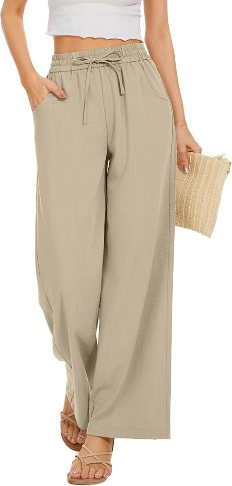 Women Flowy Pants Drawstring Waist Wide Leg Palazzo Beach Pants Loose Fit with Pockets | Amazon (US)