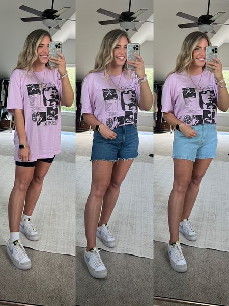 Comfy taylor swift eras tee 😍 so soft & comfy! Sized up 2 to the XL for a v oversized & comfy fit. Code MORGAN works for 29% off. ⭐️

One of my fav denim shorts just restocked. 4” inseam. Sized up 1 to the size 30 (10). Dark wash in middle and light wash on right. 

Fav bike shorts ever. No front inseam 🐫 and v booty seam lifts the booty 🍑 

Casual spring summer mom outfits comfy outfit size 8 midsize purple Taylor swift ere concert band tee merch 


#LTKstyletip #LTKFind #LTKunder50