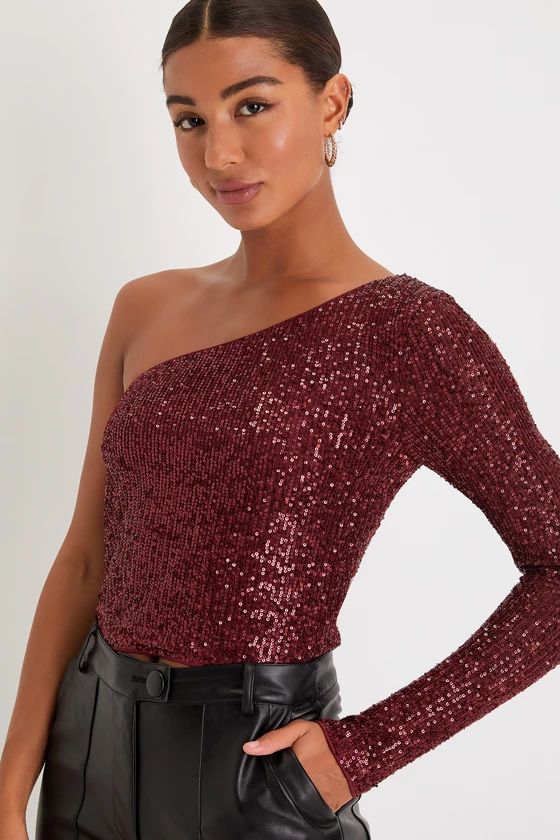 Glittery Perfection Burgundy Sequin Long Sleeve One-Shoulder Top | Lulus (US)