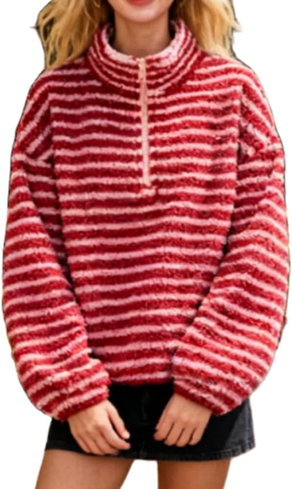 Mxiqqpltky Y2K Fleece Sweatshirt for Women Trendy Half Zip Long Sleeve Striped Sherpa Jacket Warm... | Amazon (US)