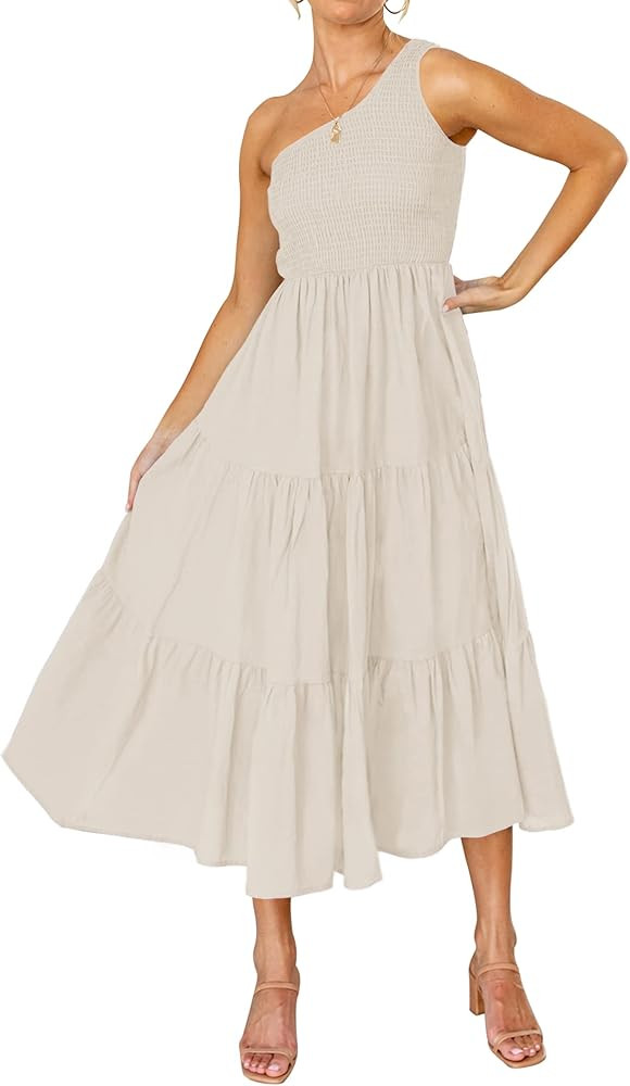 ZESICA Women's 2023 Bohemian Summer Floral Print One Shoulder Sleeveless Smocked Ruffle Tiered Be... | Amazon (US)