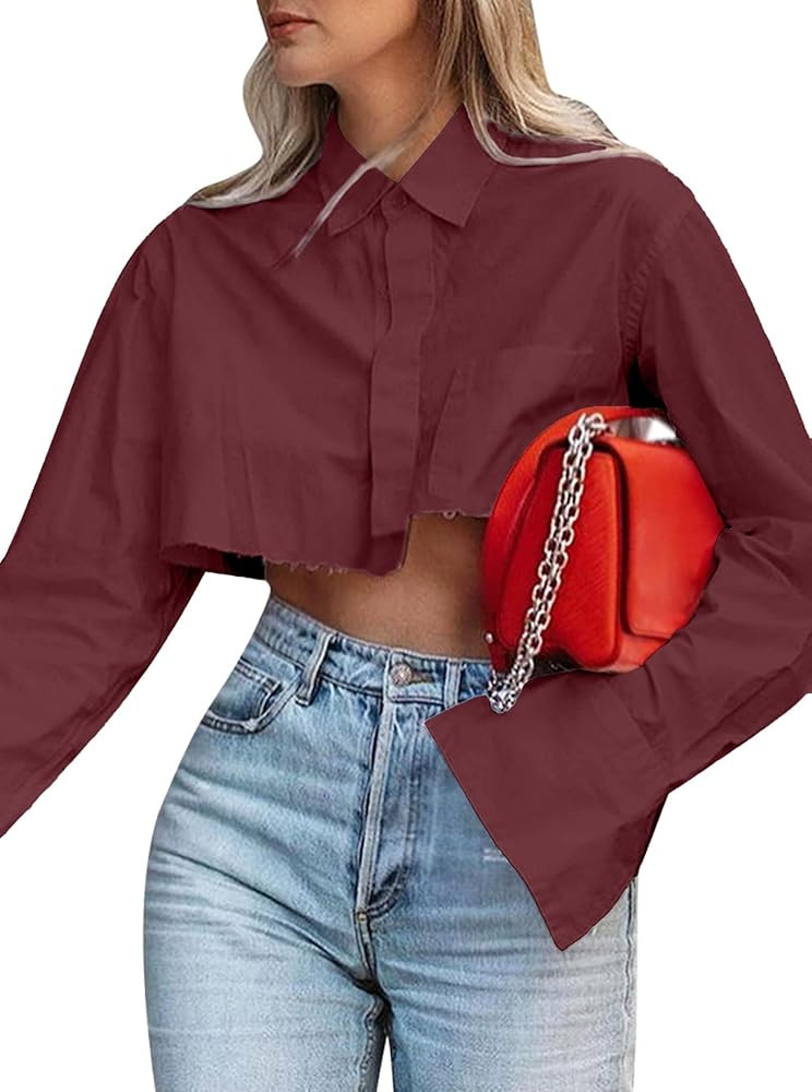 Remidoo Women's Asymmetrical Hem Long Sleeve Cropped Button Up Shirt Crop Top Blouse Streetwear | Amazon (US)