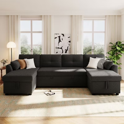 Modern Sectional Sofa 107" U-Shaped Sleeper Sofa Bed, Dual Chaise with Hidden Storage & USB Ports for Living Room, Black - ModernLuxe | Target
