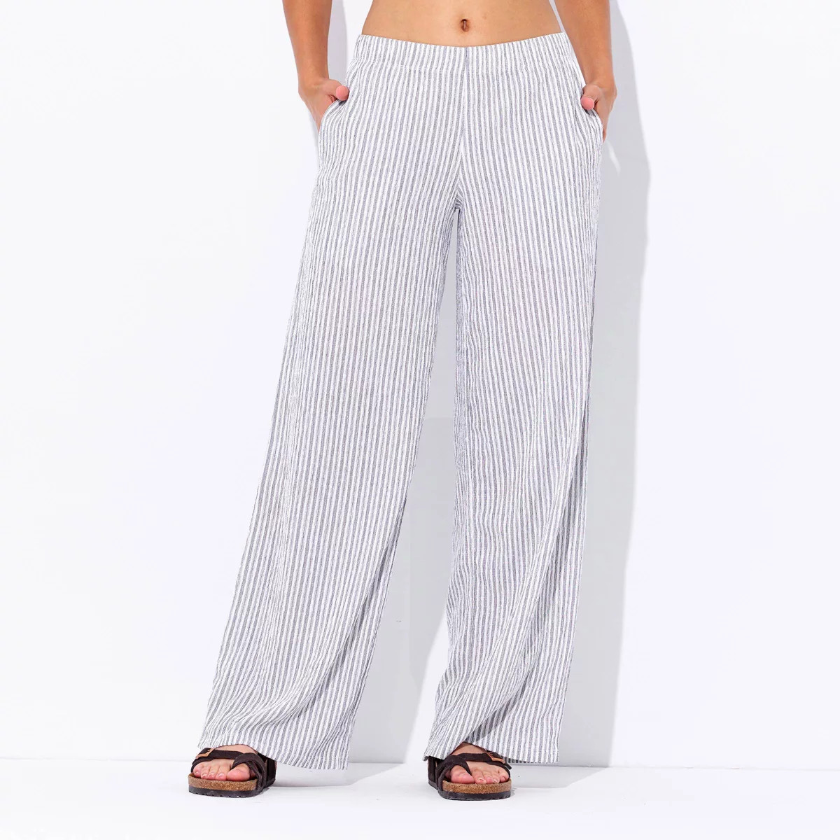 Women's Low-Rise Textured Wide Leg Pull-On Pants - Wild Fable™ Cream Striped M | Target