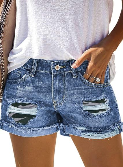 Sidefeel Women Mid Rise Distressed Cuffed Rolled Hem Casual Denim Jeans Shorts | Amazon (US)