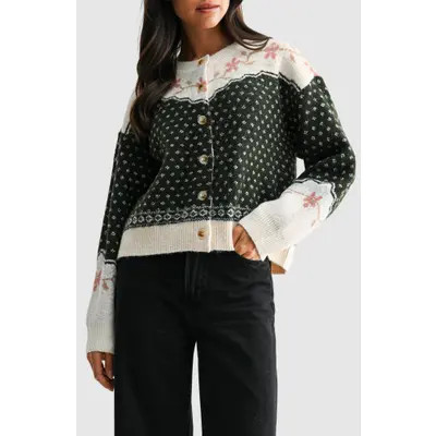 All in Favor Fair Isle Floral Cardigan in Cream Hunter Green at Nordstrom, Size Medium | Nordstrom