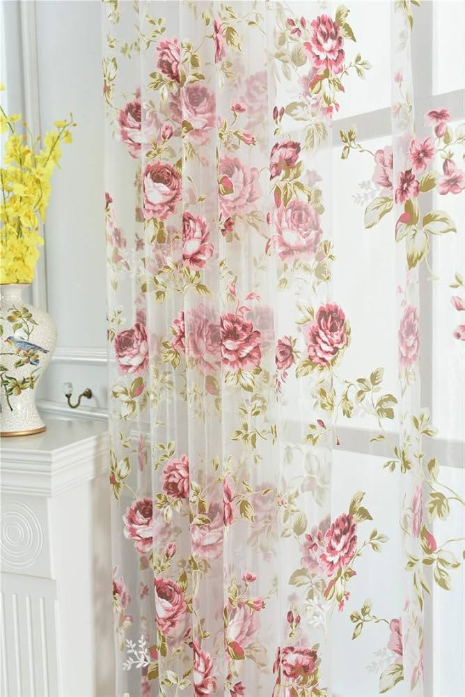 Rod Pocket Top Rose Floral Sheer Voile Curtain, Pink Flower Tulle Transparent Window Treatment fo... | Amazon (US)