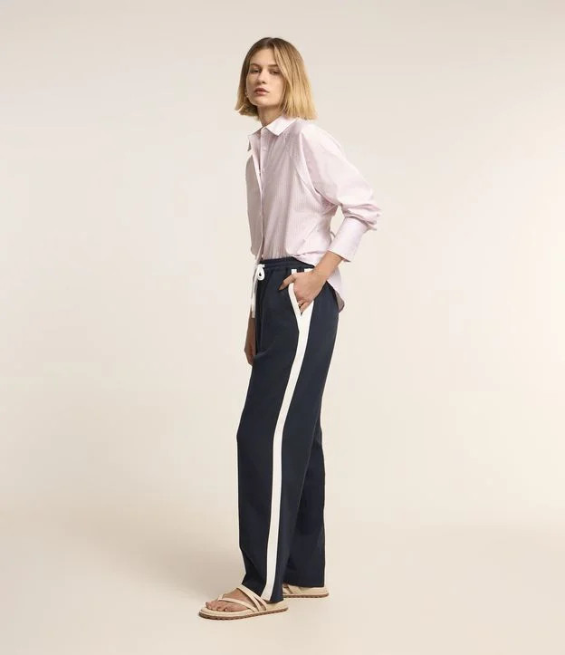 Calça Reta com Elástico no Cós e Listras Contrastante Azul - Lojas Renner | Renner (BR)