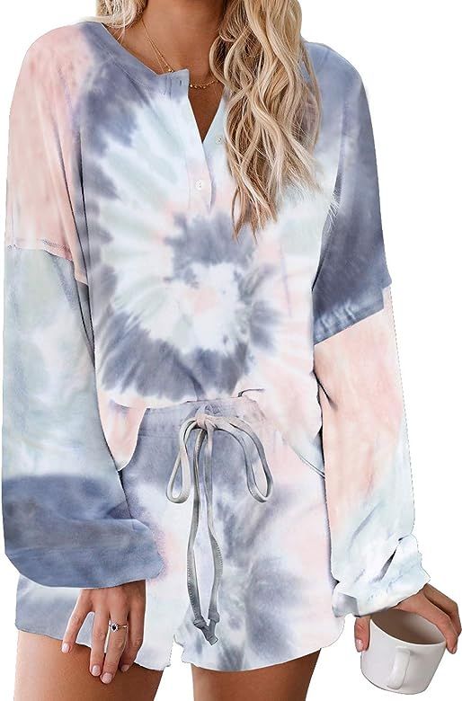 Women Pajamas Tie Dye Print Long Sleeve Shirt Elastic Drawstring Shorts Pant PJ Set Sleepwear Lou... | Amazon (US)