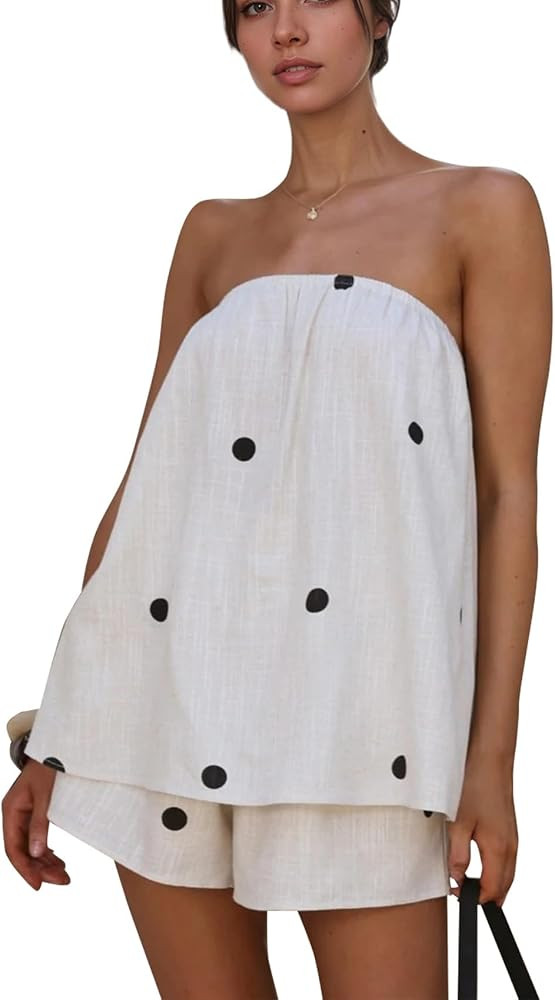 Women Summer 2 Piece Polka Dot Lounge Sets Strapless Tube Top Elastic Waist Shorts Casual Beach V... | Amazon (US)