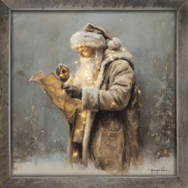 Rustic Framed Santa Reading His List with Christmas Lights Wall Art | Antique Farm House