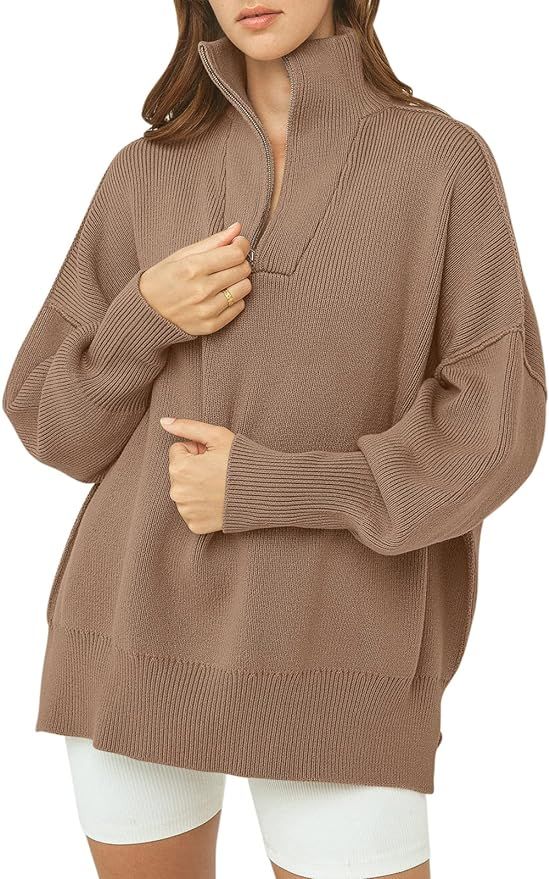 Prinbara Women's Long Sleeve 1/4 Zipper Drop Shoulder Oversized Slouchy Ribbed Knit Sweatshirt Pu... | Amazon (US)