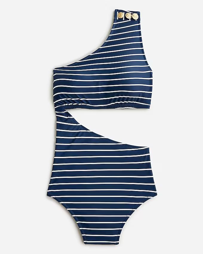 Cutout one-piece full-coverage swimsuit with buttons in navy stripe | J.Crew US